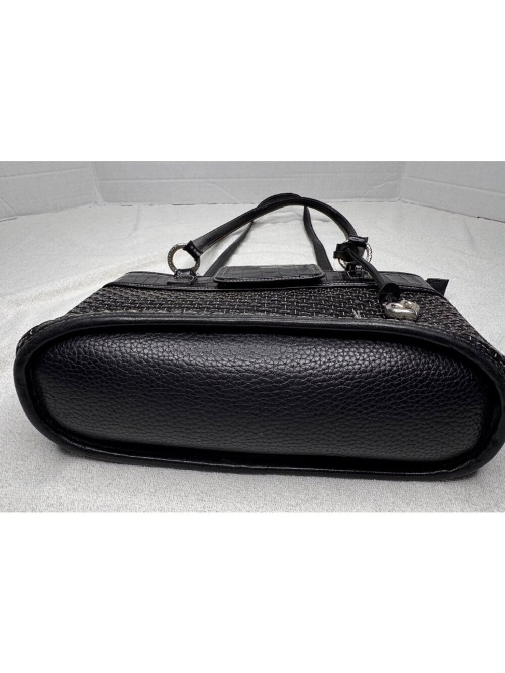 Brighton Black Leather Classic Tote Bag Basket Weave Front Panel Croc Trim - Picture 10 of 15